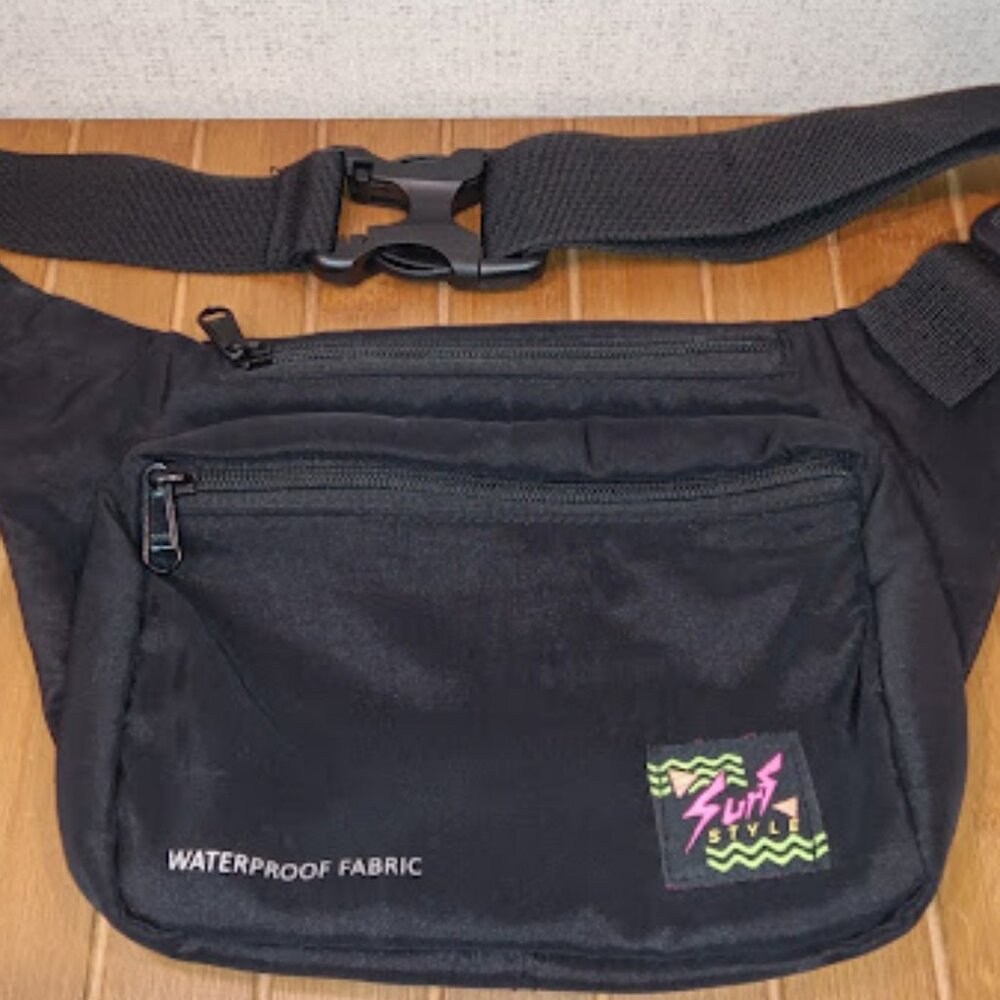 Vintage Surf Style Fanny Pack Black Belt Bag Waterproof Fabric Double Pocket